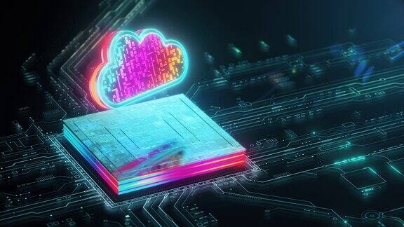 强大的云图标和主板上的CPU与数据传输量子技术和云计算的未来