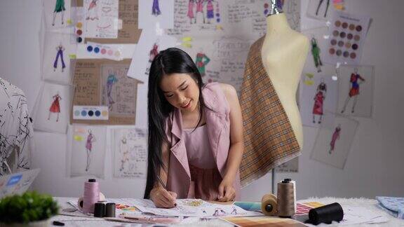 亚洲时装设计师女人在工作室的人体模型上测量卷尺