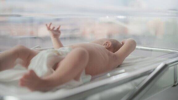 可爱的白人新生儿躺在妇产科医院的摇篮里一个顽皮而充满活力的小孩子的肖像保健、怀孕和母亲概念