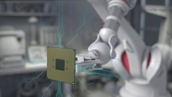 现代高科技真实机器人手臂握当代超级计算机处理器工业机械手端执CPU芯片