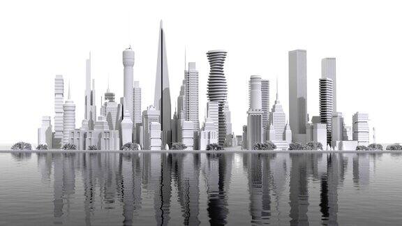 美丽的现代城市全景与摩天大楼位于湖4k