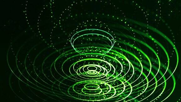 4k循环科幻绿色背景与散景和灯光效果辉光绿色粒子形成线表面弦球状结构作为虚拟空间或全息图的HUD屏幕1