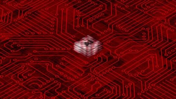 红色三维计算机芯片与连接和信号计算机处理器背景主板电路图案背景