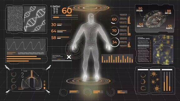Hud界面健康技术未来概念数字数据图表、通讯、计算、人体数字医疗、高科技背景下的健康未来设计
