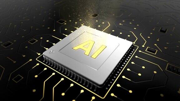 计算机芯片在电路背景上的3d渲染与AI符号