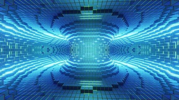 蓝色抽象背景内像素化构建环面隧道3d渲染无缝循环非功能性测试Vj和Dj循环酒吧夜总会音乐节锐舞闪闪发光