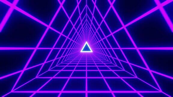 在一个3d渲染的循环隧道中导航闪烁的霓虹灯三角形不断发光