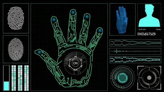 电脑显示器上的Hud元素带有手扫描和屏幕上的指纹