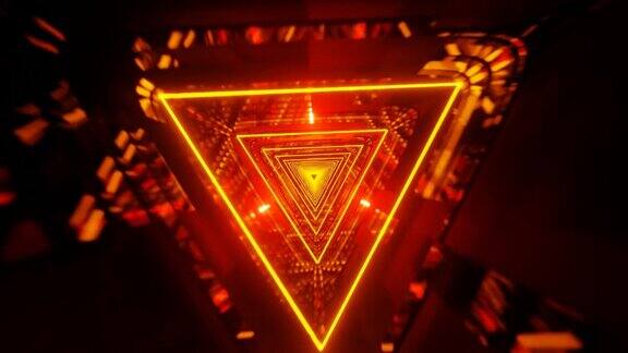 3D数字动画展示了一个由旋转霓虹灯照亮的环形三角形隧道