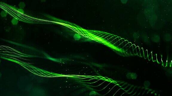 4k循环科幻绿色背景与散景和灯光效果辉光绿色粒子形成线表面弦结构作为虚拟空间或全息图的HUD屏幕6