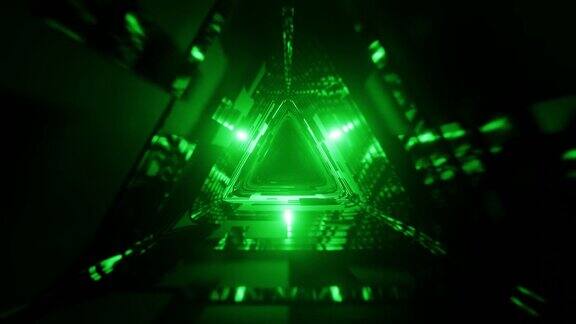一个3D数字动画展示了一个由运动中的霓虹灯照亮的三角形隧道的无缝循环