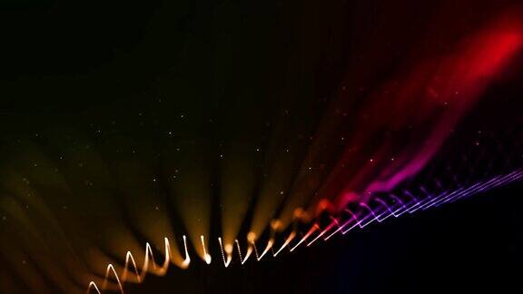 4k循环科幻背景与散景和灯光效果辉光梯度颜色粒子形成线表面弦结构作为虚拟空间或全息图的HUD屏幕5