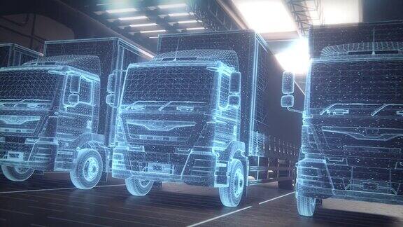 技术概念3d渲染自主未来的欧洲半卡车与货物拖车状态在夜间车库与传感器扫描周围自动驾驶数字化高速公路的特殊效果
