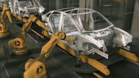 汽车工厂3D概念:自动化机械臂装配线制造高科技绿色能源电动汽车自动施工焊接工业生产输送机前视图