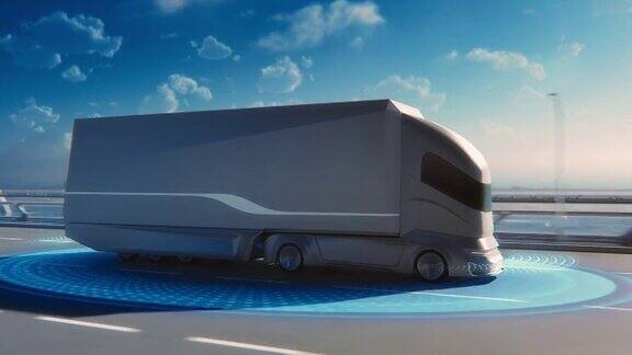 未来技术概念:带货运拖车的自动驾驶卡车带扫描传感器在路上行驶高速公路零排放电动汽车的特殊效果分析