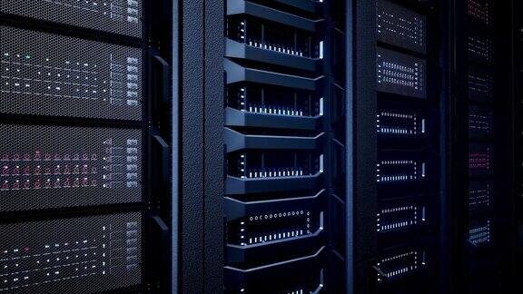 人工智能概念-数据中心和在服务器机房拍摄多排完全运行的服务器机架-计算机网络安全概念-4K分辨率