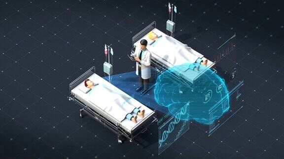 医生在病房里用全息脑、矢量图、未来医疗技术治疗病人4k动画