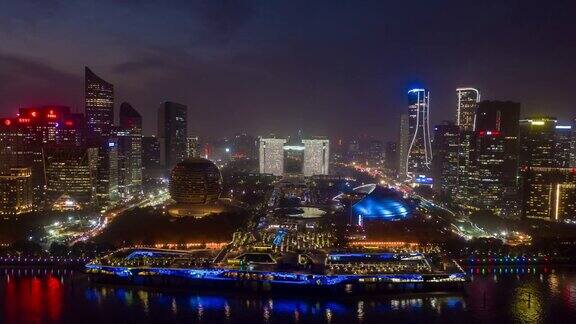 日落天空夜晚照明杭州市区滨江湾空中延时全景4k中国