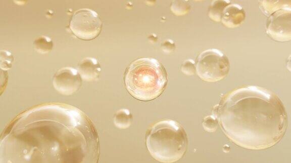 微距镜头的各种黄金泡沫在水上升在浅色背景