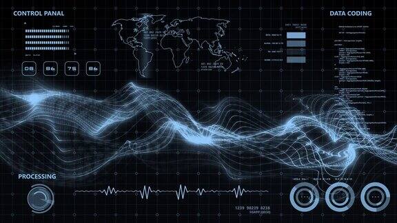 HUD界面3D数字波形图未来技术背景设计控制面板电脑显示器屏幕无线互联网连接信号分析蓝色主题