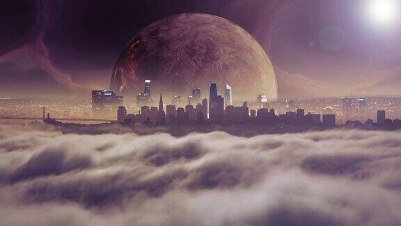 在未来世界中行星在城市上冉冉升起