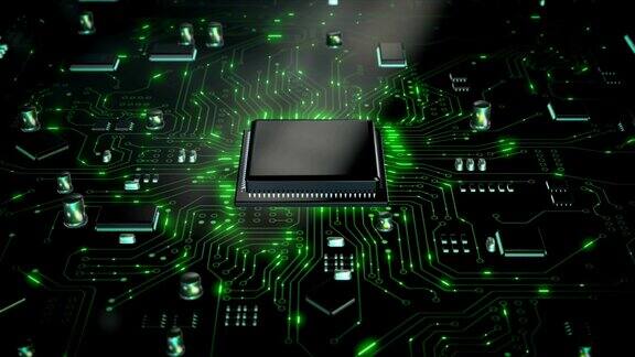 3D渲染CPU中央处理器单元芯片组在印刷电路板上为电子技术概念选择焦点浅景深