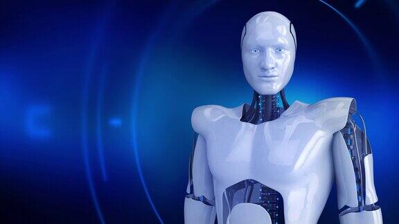 人形男性机器人启动数字hud和缓慢转弯