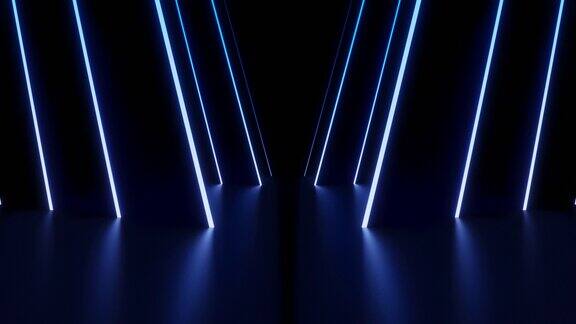 深色走廊与蓝色渐变霓虹灯发光线循环动画背景