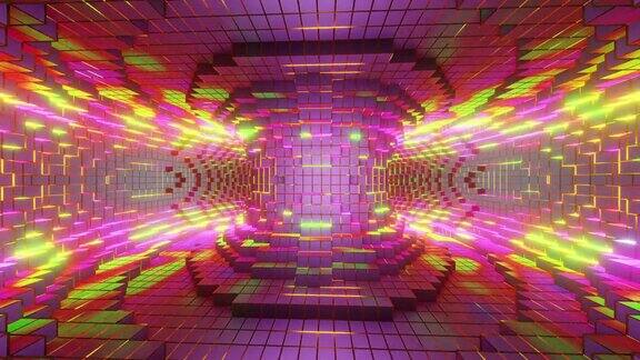彩色抽象背景内像素化构建环面隧道3d渲染无缝循环非功能性测试Vj和Dj循环酒吧夜总会音乐节锐舞闪闪发光