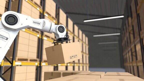机器人手臂在仓库中拾起纸箱自动化仓库中的机器人手臂
