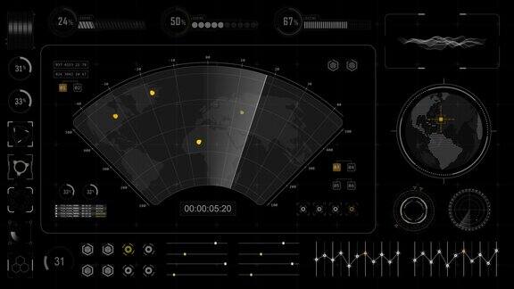 包括未来主义抬头显示(HUDUI)技术界面屏幕和聊天面板抽象背景Alpha通道的蓝色声纳雷达屏幕搜索对象的运动图形