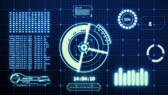 HUD驾驶汽车速度用户界面电脑屏幕显示像素背景蓝色抽象数字全息变换全息技术概念科幻小说4K动画片段