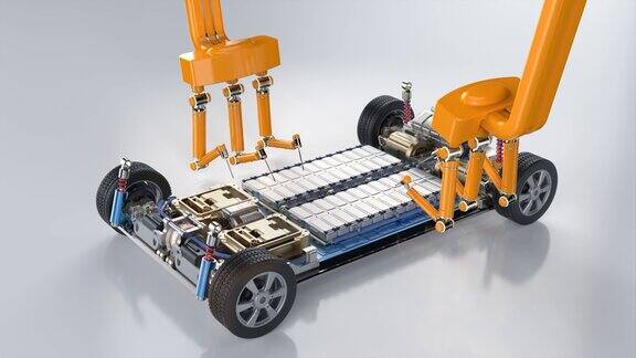 机器人手臂在电动汽车平台上制造电池组4k镜头