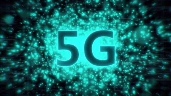 股票运动图形显示照明“5G”被技术粒子散景背景包围在HUD屏幕上