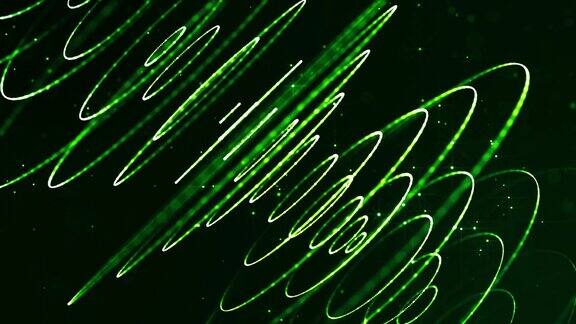 4k循环科幻绿色背景与散景和灯光效果辉光绿色粒子形成线表面弦球状结构作为虚拟空间或全息图的HUD屏幕9