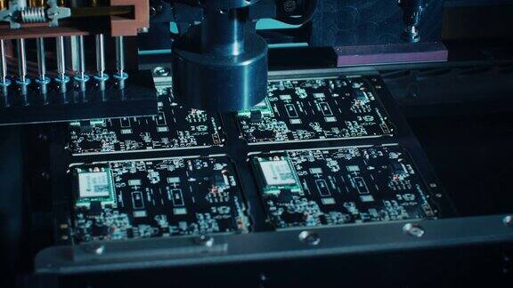 微距特写拍摄的印刷电路板在工厂装配线与自动化机械臂表面安装微处理器到主板
