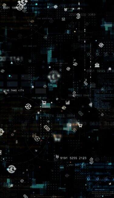 运动图形的蓝色货币图标和数据矩阵模拟数字网格线与未来的HUD屏幕上的黑色抽象背景技术和加密货币概念垂直视频概念