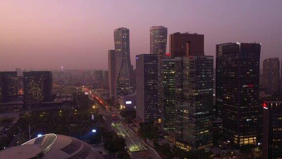 杭州日落时分天空市中心现代建筑航拍全景4k中国