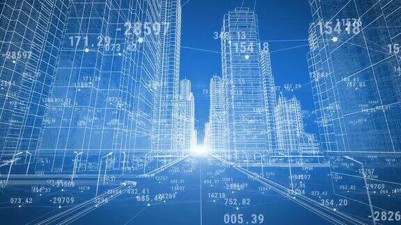 数字与网格的抽象数字城市通过3d蓝图移动商业和技术概念蓝色3d动画