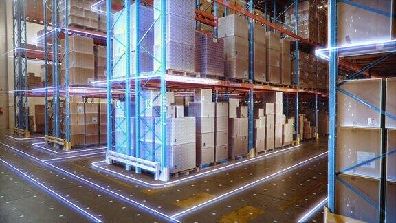 未来科技零售仓库:工业4.0过程的数字化和可视化分析物流、配送中心的货物、纸箱、产品交付信息图