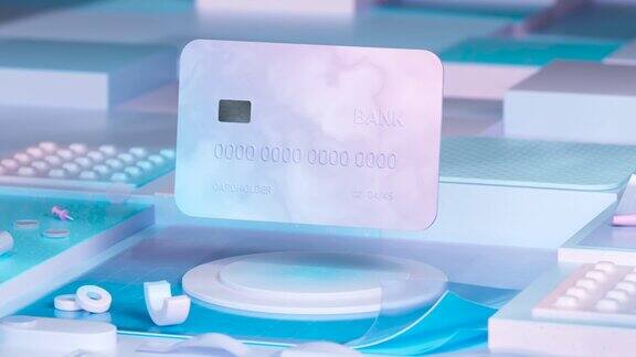 3D渲染蓝色或紫色信用卡在线支付在线移动银行和支付交易在白色背景正确的信用卡图标的非接触式支付网上购物