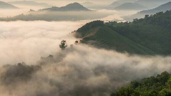 4K时间的俯视图景观国家公园与雾与山流动看到湄公河在phuphaduk在廊开省泰国