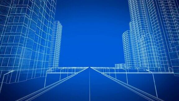 穿越成长中的现代城市数字3d蓝图施工与技术概念蓝色3d动画