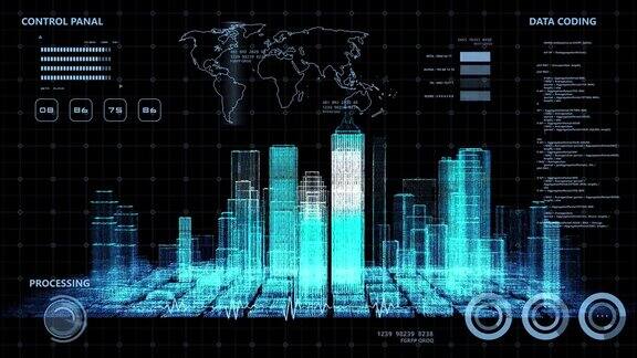 智能世界技术数字智慧城市3D建筑建筑全息图扫描UI显示器屏幕HUD物联网人工智能安全能源能源技术未来背景