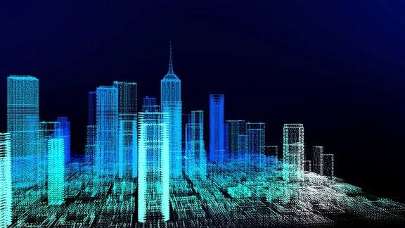 3D摩天大楼模拟HUD数字屏幕显示智能金融商业城市分析仪表盘背景科幻未来创业城市的智能技术物联网