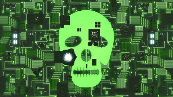 绿色照明的未来主义电路板与头骨图标