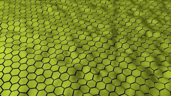 抽象亮色卡其布绿色六边形几何图形与六面多边形和平滑的波浪运动抽象潮流背景的商业和技术4k高质量3D动画3D渲染