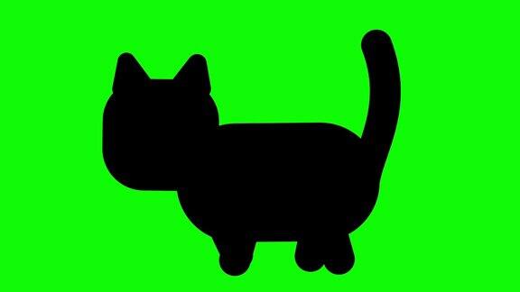 黑猫剪影走在绿色的屏幕背景4K