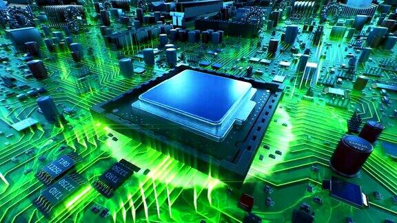 处理器安装在主板上的过程带有绿灯美丽的电路板和CPU的3d动画与波和耀斑技术与数字概念