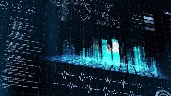 智能世界技术数字智慧城市3D建筑建筑全息图扫描UI显示器屏幕HUD物联网人工智能安全能源能源技术未来背景